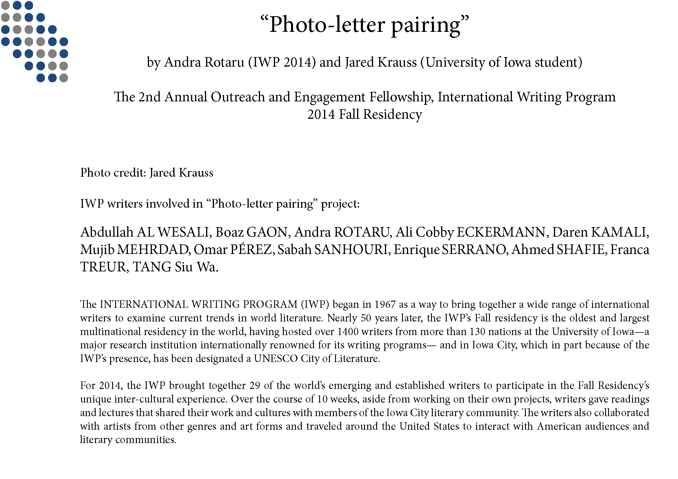 Photo-letter pairing, IWP, 2014 - Page 2014